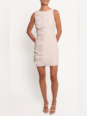 NWT Petal & Pup Catania Ruched Sleeveless
Minidress in Beige & White Gingham